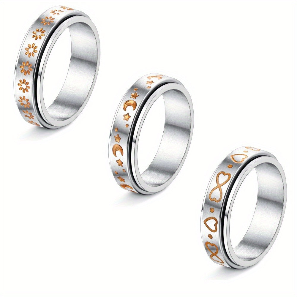 1pc 304 Stainless Steel Spinner Ring Fidget Band Rings for Men Women Moon Star Flower Heart Infinity Ring Set for Stress Relieving Wedding Promise