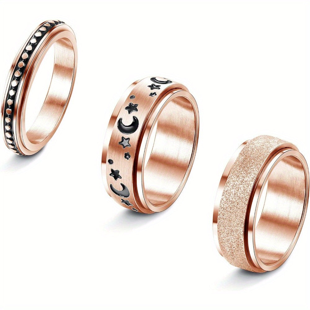 [Stress Relieving Spinner Rings] 3pcs 316L Stainless Steel Spinner Rings Set | Dots Moon Star Sand Blast Finish Fidget Band Rings for Women, Stress Relieving Wedding Promise Rose Golden, for Teenager