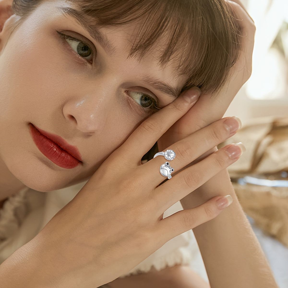 [Silver Anxiety Ring] Sterling Silver Animal Anxiety Ring - Silvery Frog Fidget Spinner Anti Stress Jewelry for Women