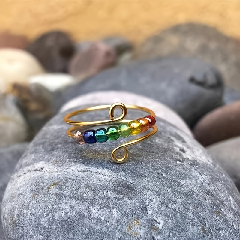 Vintage Colorful Beads Rotatable Fidget Anti Stress Opening Spinner Fidget Anxiety Silvery Color Rotate 316L Stainless Steel Rings for Women