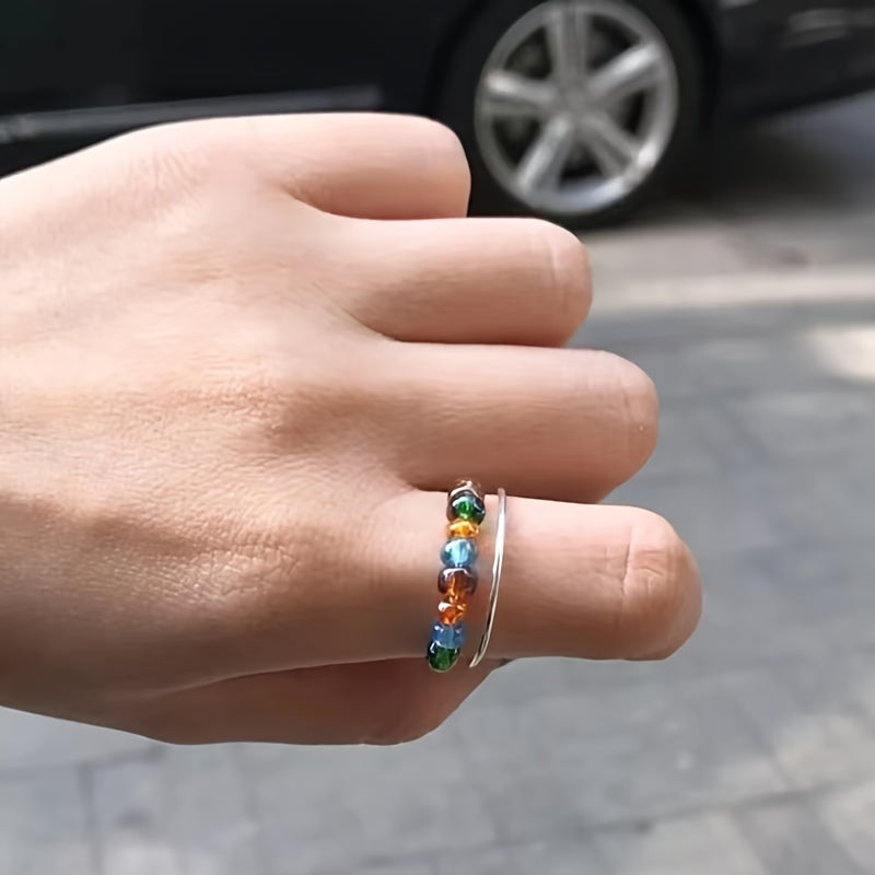 Vintage Colorful Beads Rotatable Fidget Anti Stress Opening Spinner Fidget Anxiety Silvery Color Rotate 316L Stainless Steel Rings for Women