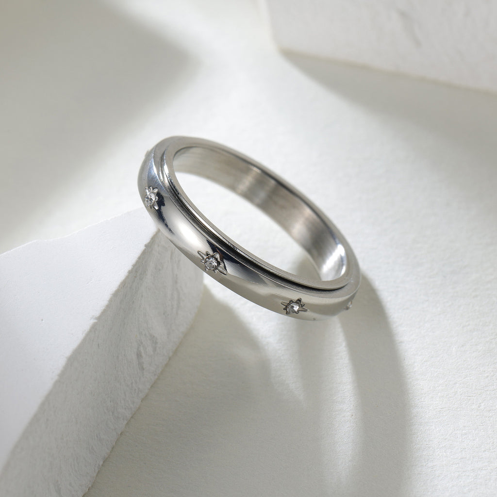 1pc Elegant Stainless Steel Rotating Ring for Couples - Minimalist French Style with Sparkling Cubic, Unisex Design for a Festive Look, Valentine'S Day Gift|Festive Ring|Durable Band, Couple Jewelry
