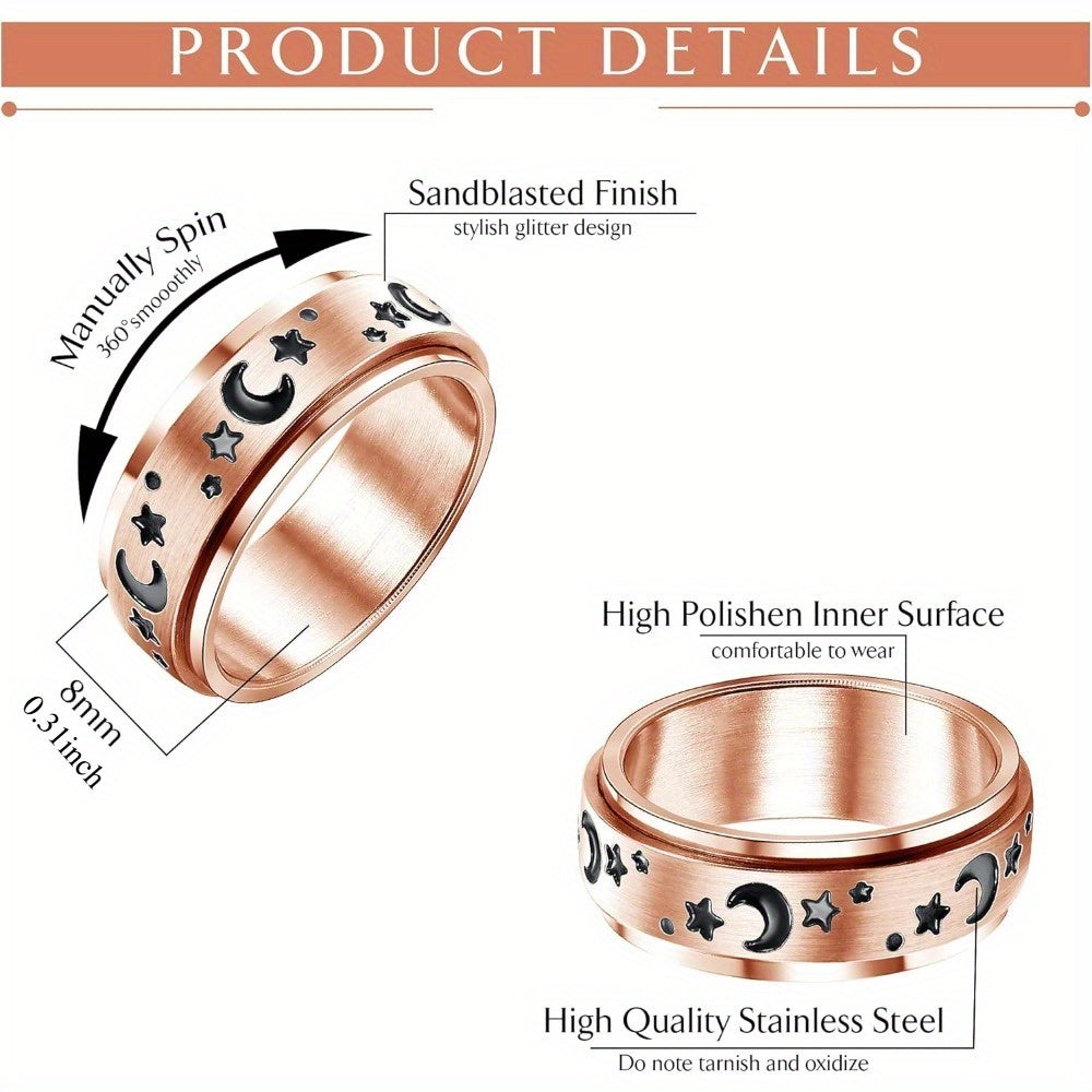 [Stress Relieving Spinner Rings] 3pcs 316L Stainless Steel Spinner Rings Set | Dots Moon Star Sand Blast Finish Fidget Band Rings for Women, Stress Relieving Wedding Promise Rose Golden, for Teenager