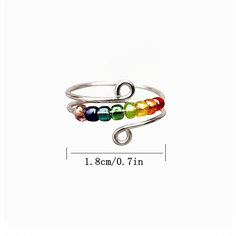 Vintage Colorful Beads Rotatable Fidget Anti Stress Opening Spinner Fidget Anxiety Silvery Color Rotate 316L Stainless Steel Rings for Women
