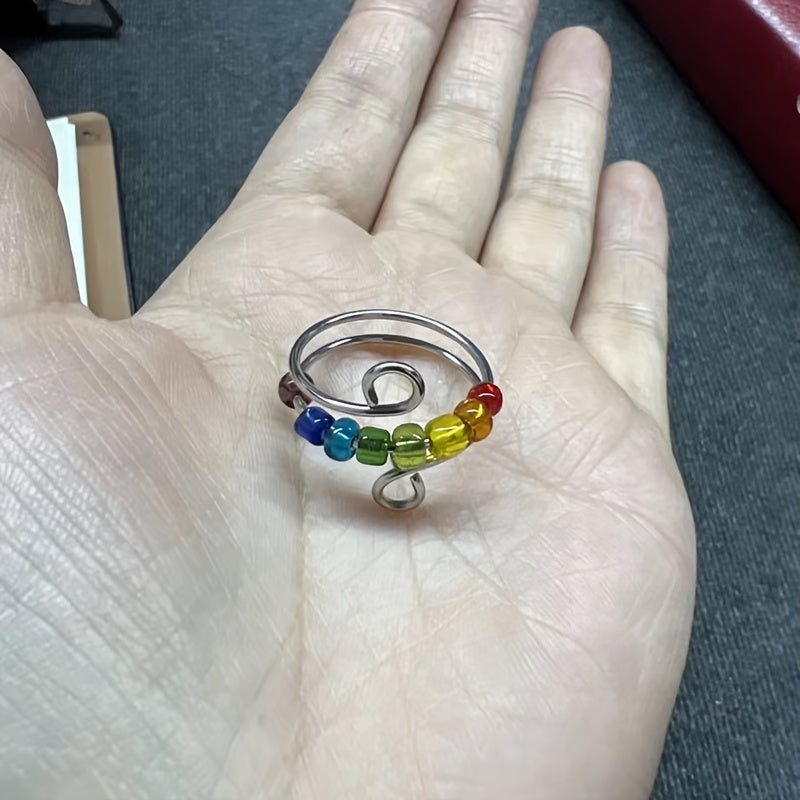 Vintage Colorful Beads Rotatable Fidget Anti Stress Opening Spinner Fidget Anxiety Silvery Color Rotate 316L Stainless Steel Rings for Women