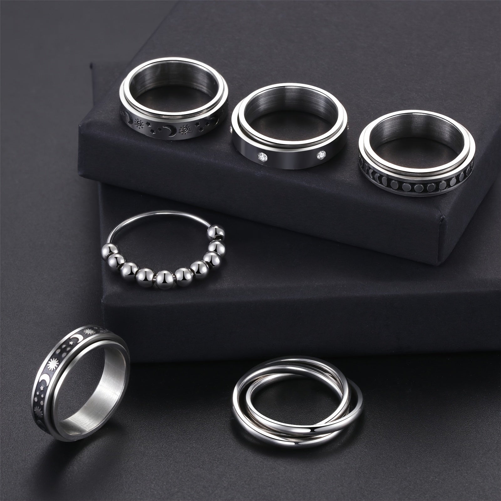 [Anti-Anxiety Fidget Rings] 6pcs Stainless Steel Spinner Fidget Rings | Anti-Anxiety, Design for Casual Attire & Gifting