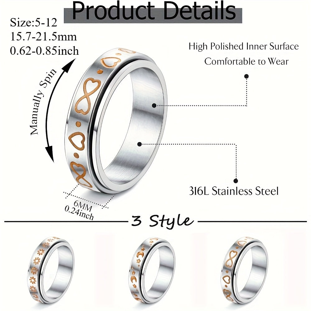 1pc 304 Stainless Steel Spinner Ring Fidget Band Rings for Men Women Moon Star Flower Heart Infinity Ring Set for Stress Relieving Wedding Promise