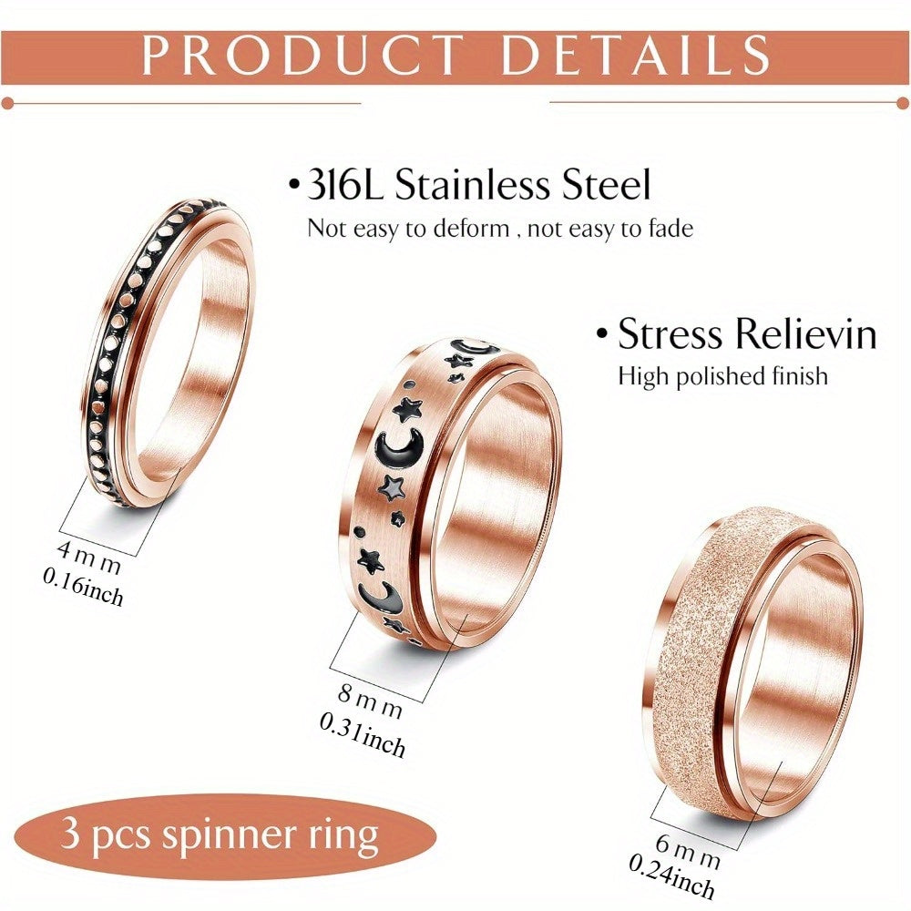 [Stress Relieving Spinner Rings] 3pcs 316L Stainless Steel Spinner Rings Set | Dots Moon Star Sand Blast Finish Fidget Band Rings for Women, Stress Relieving Wedding Promise Rose Golden, for Teenager