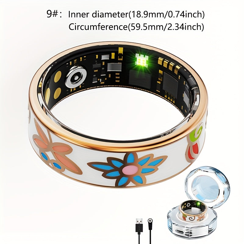 Women's Smart Ring - Fitness & Sleep Tracker with Step/Distance/Calorie Monitoring, Multiple Sports Modes, Crystal Charging Case & Magnetic USB-C Charging, Fashionable Engraving Design, High Quality, Compatible with iOS/Android - Perfect Gift for Women,
