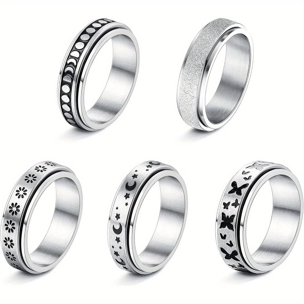 5pcs Stainless Steel Spinner Rings for Women and Men - Fidget Rings with Flower, Moon, Star, Butterfly Designs - Jewelry for Festivals, Parties, and Casual Attire, Cute Ring