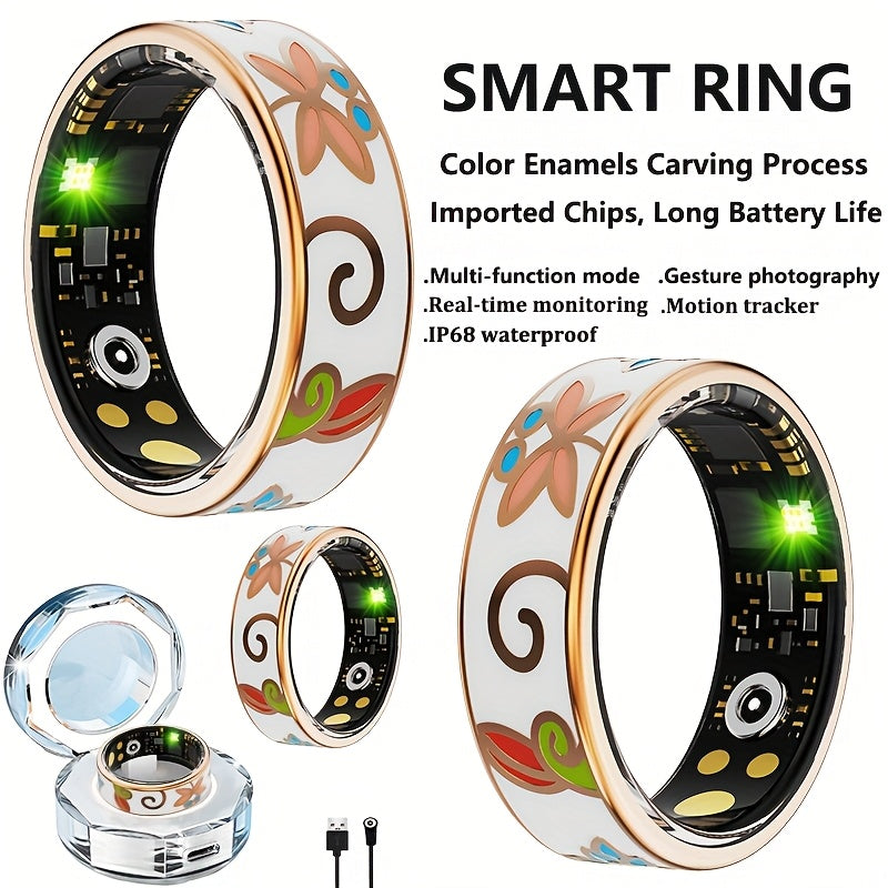 Women's Smart Ring - Fitness & Sleep Tracker with Step/Distance/Calorie Monitoring, Multiple Sports Modes, Crystal Charging Case & Magnetic USB-C Charging, Fashionable Engraving Design, High Quality, Compatible with iOS/Android - Perfect Gift for Women,