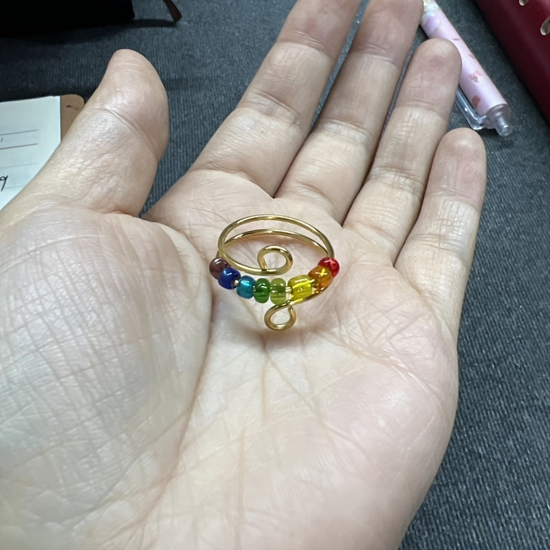 Vintage Colorful Beads Rotatable Fidget Anti Stress Opening Spinner Fidget Anxiety Silvery Color Rotate 316L Stainless Steel Rings for Women