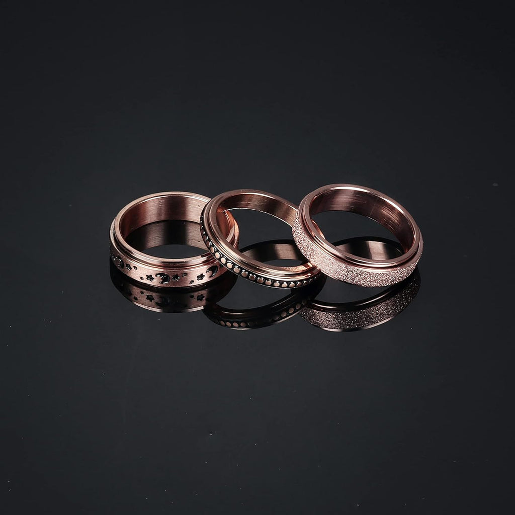 [Stress Relieving Spinner Rings] 3pcs 316L Stainless Steel Spinner Rings Set | Dots Moon Star Sand Blast Finish Fidget Band Rings for Women, Stress Relieving Wedding Promise Rose Golden, for Teenager