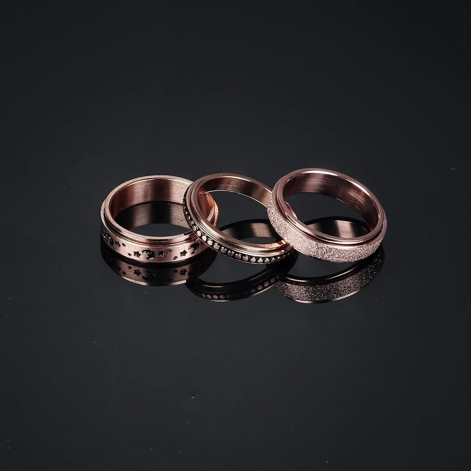 [Stress Relieving Spinner Rings] 3pcs 316L Stainless Steel Spinner Rings Set | Dots Moon Star Sand Blast Finish Fidget Band Rings for Women, Stress Relieving Wedding Promise Rose Golden, for Teenager