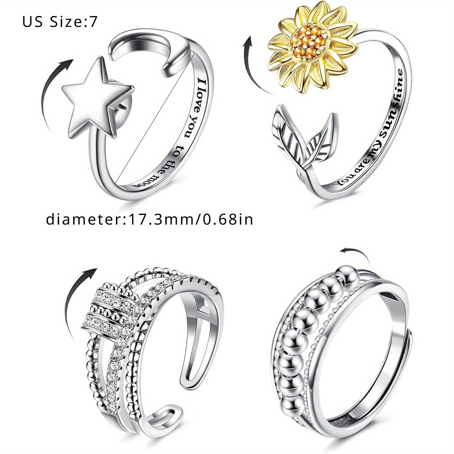 Set of 4 Fidget Rings for Women, Adjustable Spinner And Bead Rings